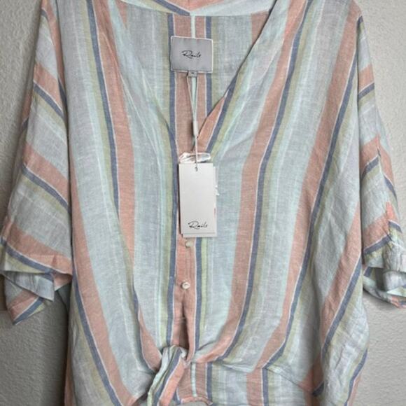 NEW Rails Thea Linen Tie Waist Blouse Biarritz Multi Stripe Medium - Picture 11 of 16